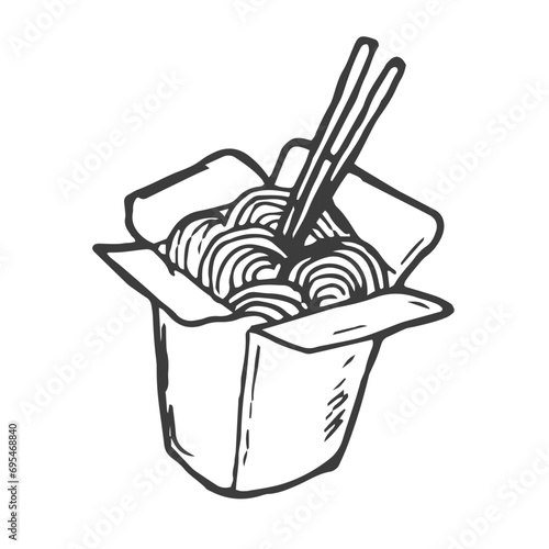 Asian fried noodle box for take away. Fresh tasty food from Vietnamese, Chinese, Taiwanese restaurants.