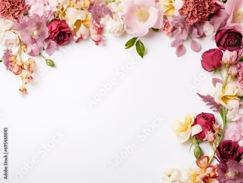 A frame of floral decorations on a white background, free space for text © shooreeq
