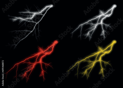 Set of zippers, thunderstorm and lightning effects. white, red & yellow effect collection vector illustration on black background.