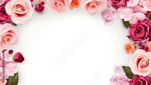 A frame of roses with floral decorations on a white background  free space for text