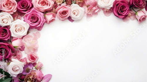 A frame of roses with floral decorations on a white background, free space for text © shooreeq