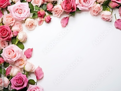 A frame of roses with floral decorations on a white background, free space for text © shooreeq