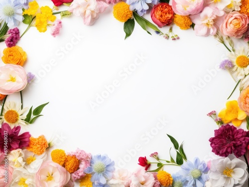 A frame of vibrant color flowers with decorations on a white background, free space for text