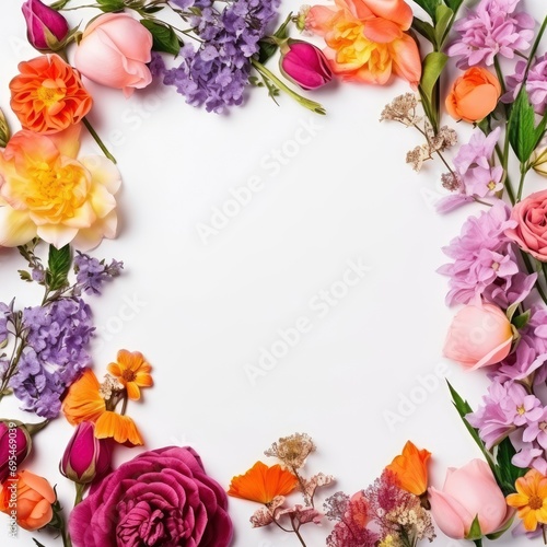 A frame of vibrant color flowers with decorations on a white background, free space for text