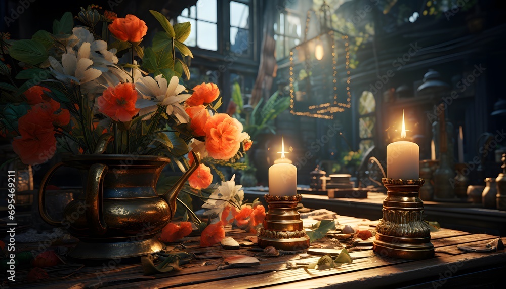 Burning candles and flowers on the table in an old room.