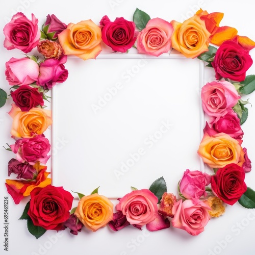 A frame of vibrant color roses with floral decorations on a white background  free space for text