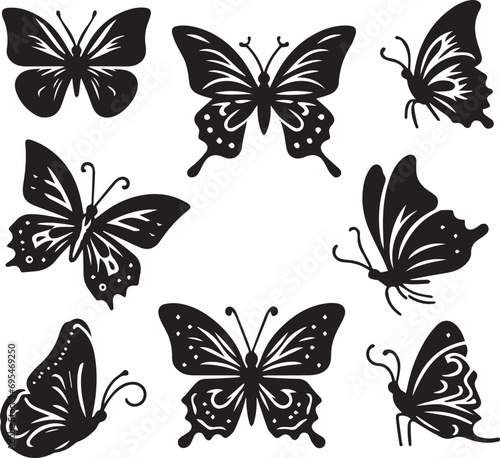 Silhouette Solid Vector Icon Set Of butterflies, Moth, Lepidopteran, Insect, Papillon.