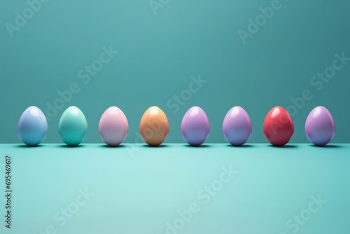 A row of colorful easter eggs isolated on blue background. Lined up colorful easter eggs