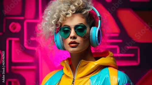 Fashionable woman with headphones in neon, stylish retro-futuristic portrait.