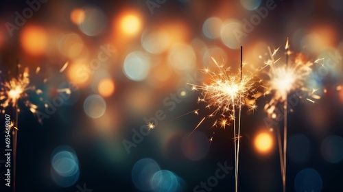 Burning Christmas sparkler lights on dark bokeh background  free space for text