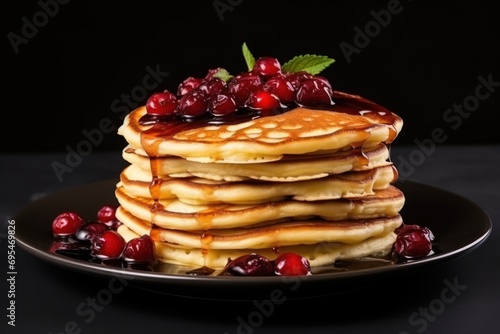  a stack of pancakes with syrup and cranberries on a black plate with a leaf on top of the pancakes and the rest of the pancakes on the plate.