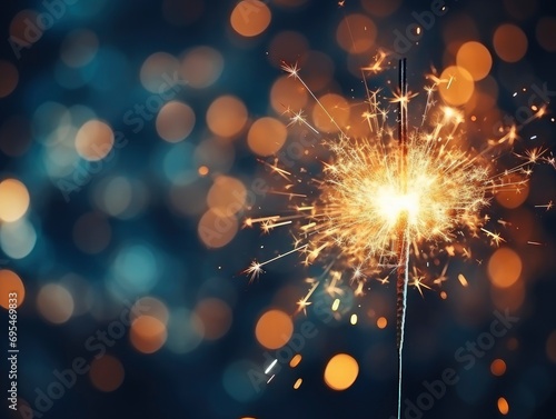 Burning Christmas sparkler lights on dark bokeh background, free space for text