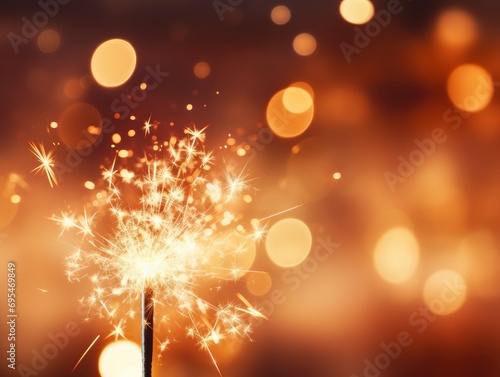 Burning Christmas sparkler lights on festive blurred background, free space for text