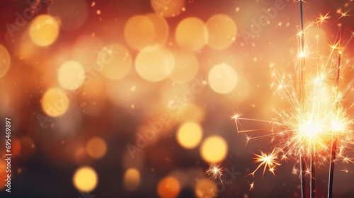 Burning Christmas sparkler lights on festive blurred background, free space for text