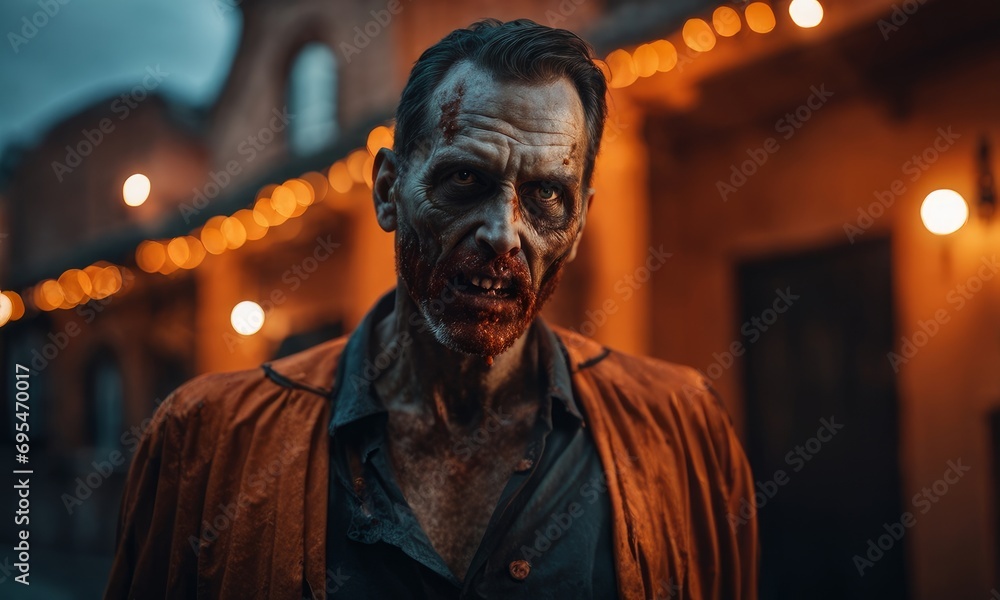 A Man Wearing a Zombie Costume for Halloween on an Orange Background, Generative AI