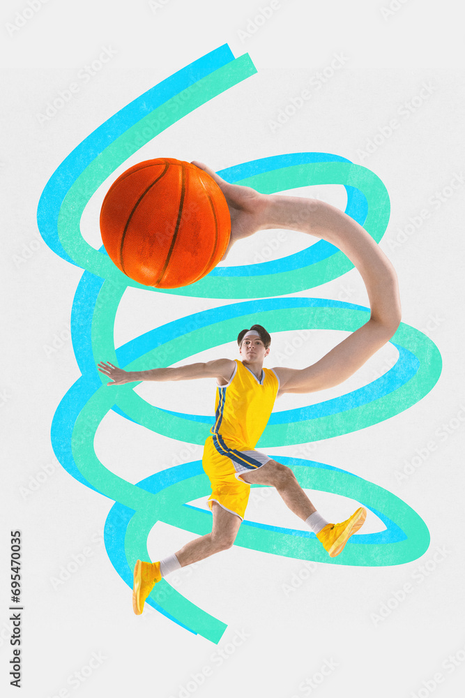Contemporary art collage. Young man, basketball athlete doing slam dunk with his long hand. Concept of sport, hobby, fit people in action. trendy magazine style Championship 2024. Contemporary art collage. Young man, basketball athlete doing slam dunk with his long hand. Concept of sport, hobby, fit people in action. trendy magazine style Championship 2024.