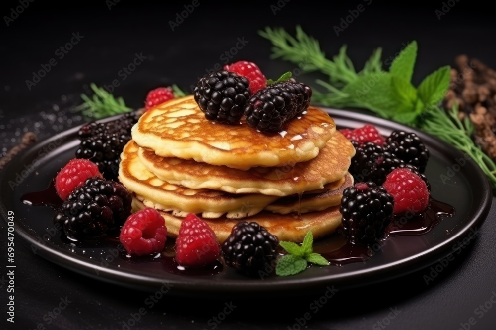 a stack of pancakes with berries and syrup on a black plate next to a sprig of mint and a sprig of blackberries on the side. a stack of pancakes with berries and syrup on a black plate next to a sprig of mint and a sprig of blackberries on the side.