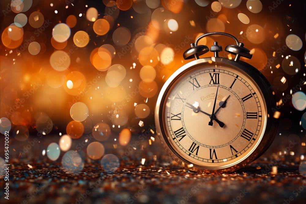2024 New Year Clock and Golden Fireworks Countdown to Midnight Abstract Background