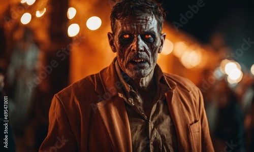 A Man Wearing a Zombie Costume for Halloween on an Orange Background, Generative AI