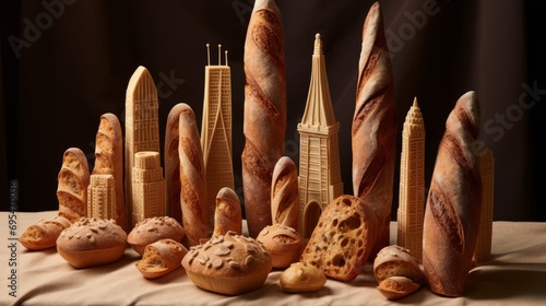 Different types of testy bread resembling the silhouette of the city. Homemade bread urbanism. Bakery Art. Bread skyscrapers photo