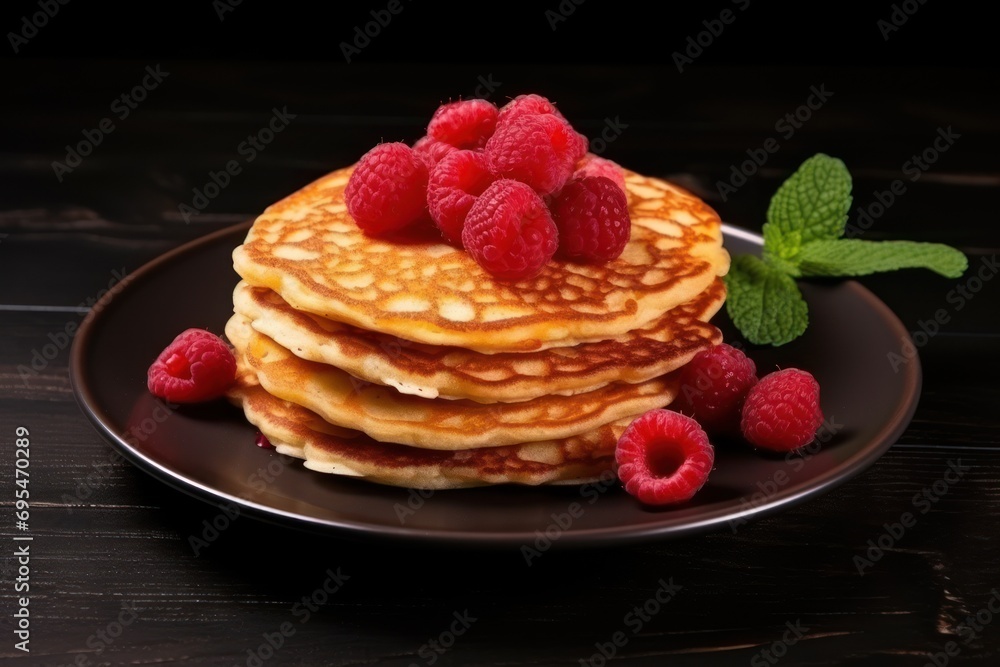 a stack of pancakes with raspberries and mint on a black plate on a wooden table with a leaf of mint and a few raspberries on the plate. a stack of pancakes with raspberries and mint on a black plate on a wooden table with a leaf of mint and a few raspberries on the plate.