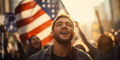 Patriotic Man Leading Protest with American Flag - Civil Rights, Activism, Patriotic Demonstration, Freedom Speech, Unity, Social Movement, Political Change, Empowerment, Leadership