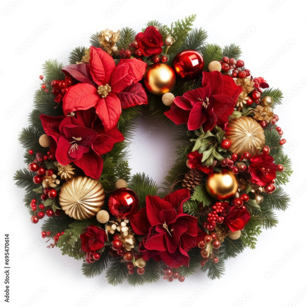 Christmas beautiful decorated festive wreath isolated on white background, professional studio photo