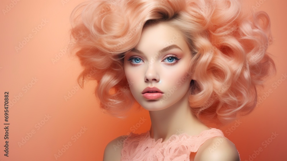 Peach Fuzz color beautiful professional fashion portrait, fantastic young woman model