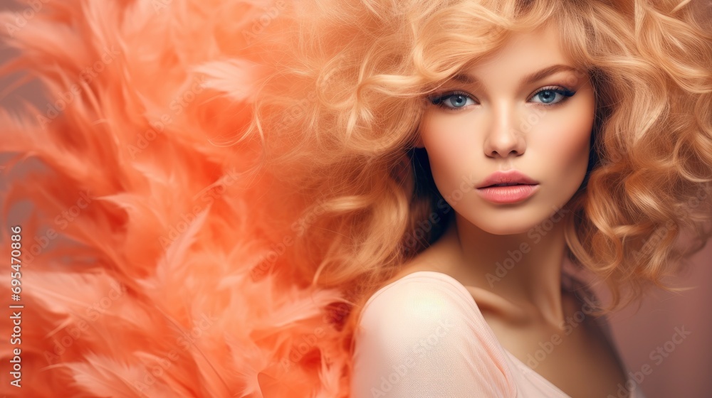 Peach Fuzz color beautiful professional fashion portrait, fantastic young woman model
