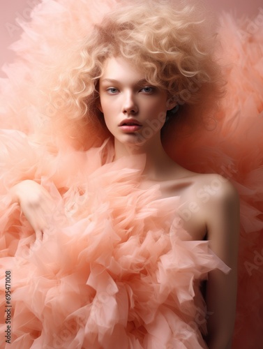 Peach Fuzz color professional fashion photo shot, lovely young woman model