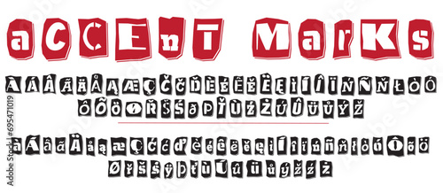 Ransom collage style stencil black and red letters numbers and punctuation marks cut from newspapers and magazines. Vintage ABC collection. Black and white alphabet Typography vector illustration