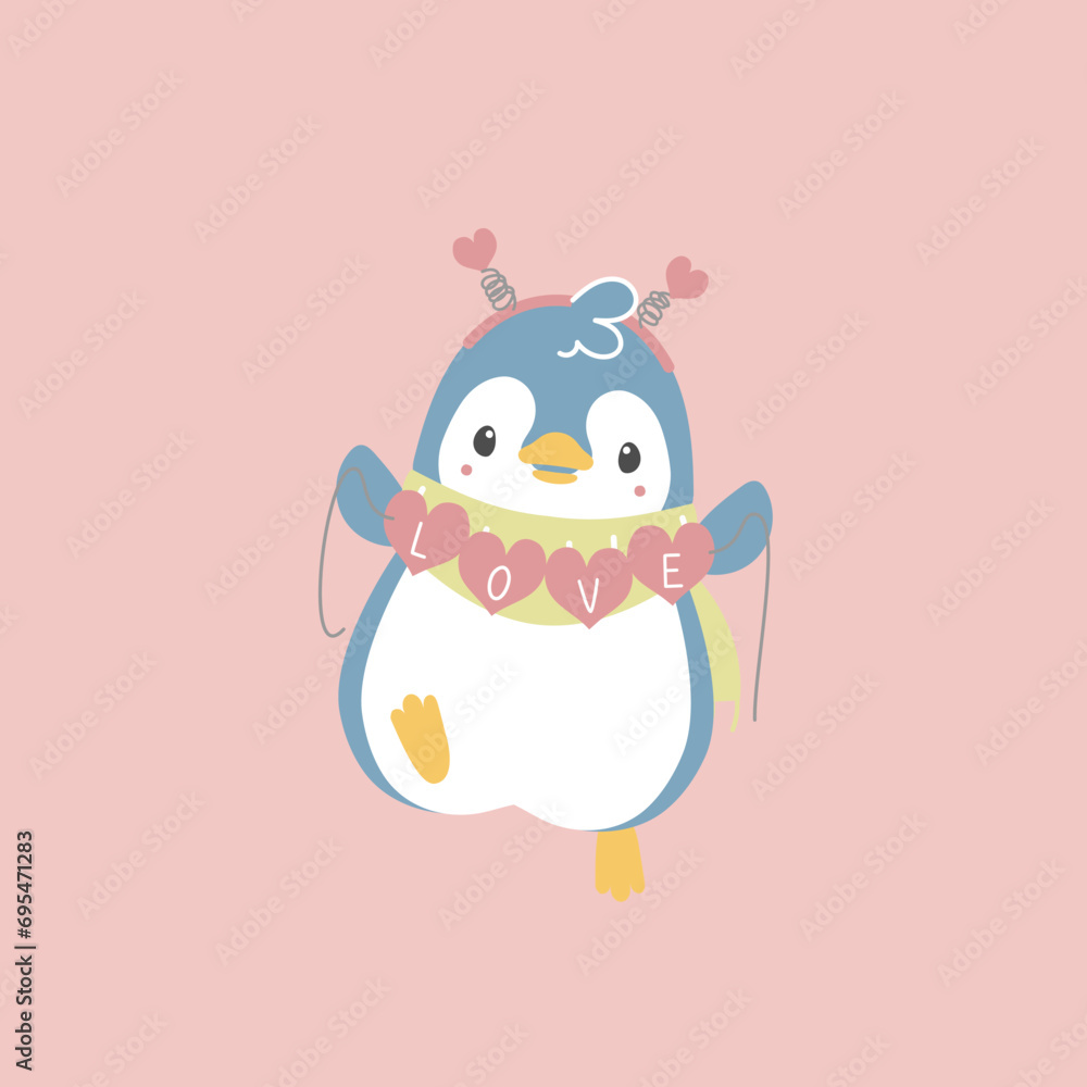 cute and lovely penguin with heart and love text, happy valentine's day, love concept, flat vector illustration cartoon character costume design