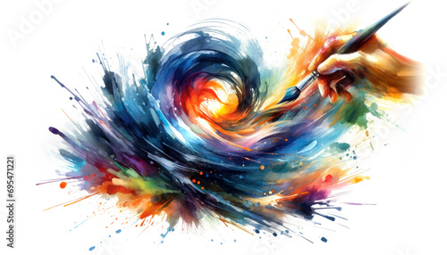 Dynamic Watercolor Swirl with Artistic Brushstroke. A dynamic explosion of watercolor forming a vibrant swirl, captured in the moment of creation with a painter's brushstroke.