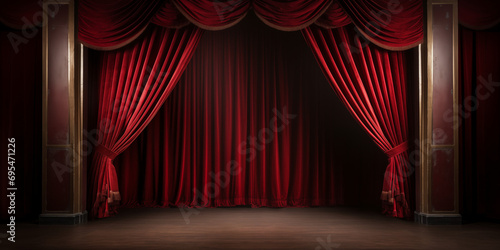 Grand Theater Stage Curtain Element: Majestic Red Drapery in Spotlight - Performing Arts Venue, Drama Performance, Classical Theatre, Elegant Backdrop, Cultural Event Space, Showtime Atmosphere