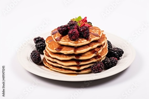  a stack of pancakes with berries and syrup on a white plate on a white background with a white background and a black and red berry topping on the top of the pancakes.