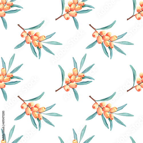 Sea buckthorn seamless watercolor pattern. A twig with yellow berries and leaves. Plant cute illustration on a white background. Autumn print for textiles. Handmade.