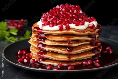  a stack of pancakes covered in pomegranates on a black plate with a garnish on top of the pancakes and a garnish on the side.