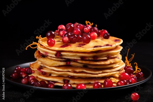  a stack of pancakes with cranberry toppings on a black plate surrounded by cranberries and orange zest on a black table with a black background.