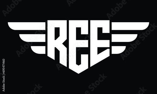 REE three letter logo, creative wings shape logo design vector template. letter mark, wordmark, monogram symbol on black & white.	