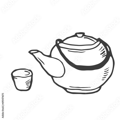 Doodle line drawing of oriental style tea pot with cup. Asian tea ceremony