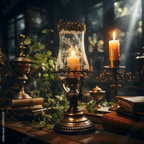 Vintage candlestick with burning candles and books in dark room