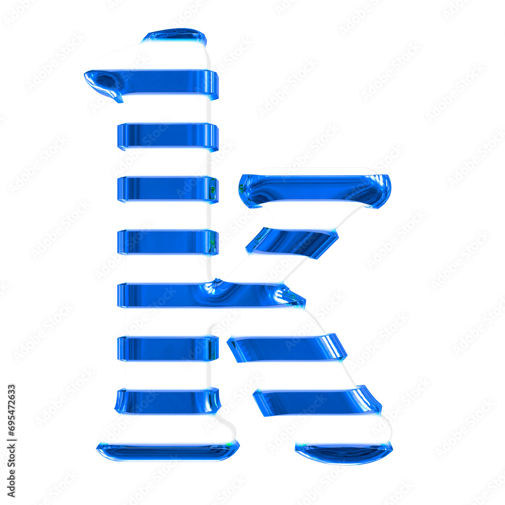 White 3d symbol with thin blue horizontal straps. letter k