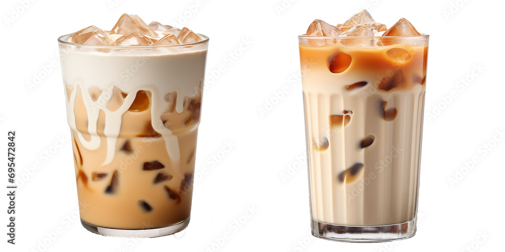 Collection of iced coffee latte and coffee milk in the glass, isolated on transparent background. Generative AI - obrazy, fototapety, plakaty 