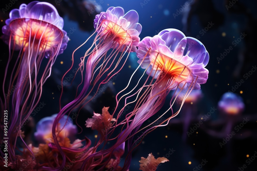 a group of jellyfish floating in the ocean with a starfish in the middle of it's tentacles and a starfish in the middle of the bottom of the water. a group of jellyfish floating in the ocean with a starfish in the middle of it's tentacles and a starfish in the middle of the bottom of the water.