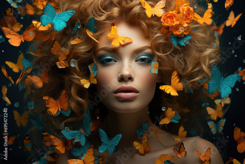 Beautiful girl with butterflies, beauty portrait
