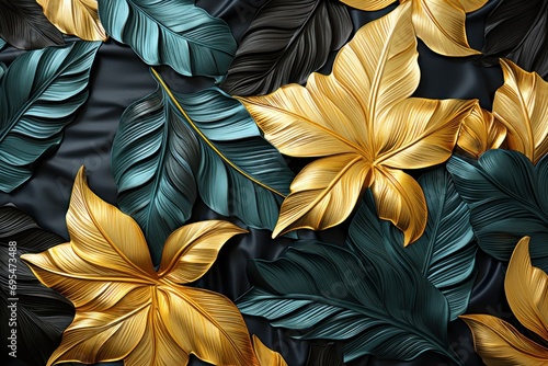  a close up of a gold and green flower on a black background with a gold leaf on the left side of the image and a green and gold flower on the right side of the right side of the. © Nadia