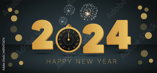 happy new year 2024 with golden frame clock fireworks at dark vector background