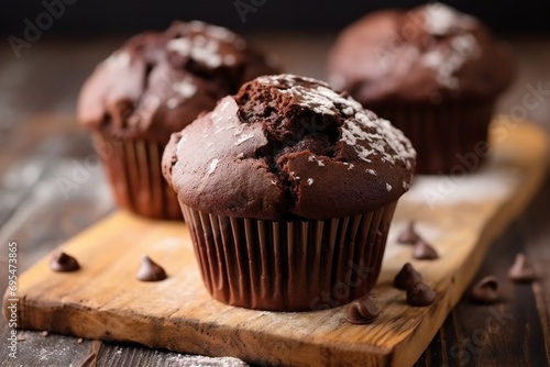 Wooden board with tasty chocolate muffin. Chocolate chip muffins. Chocolate muffin in brown paper