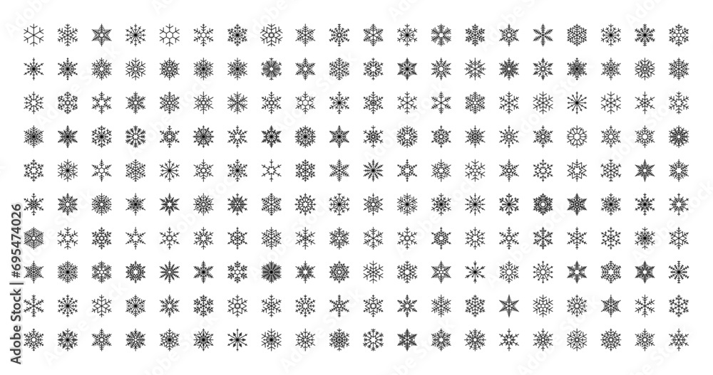 Set of 200 Black Snowflake Design Isolated on Transparent Background