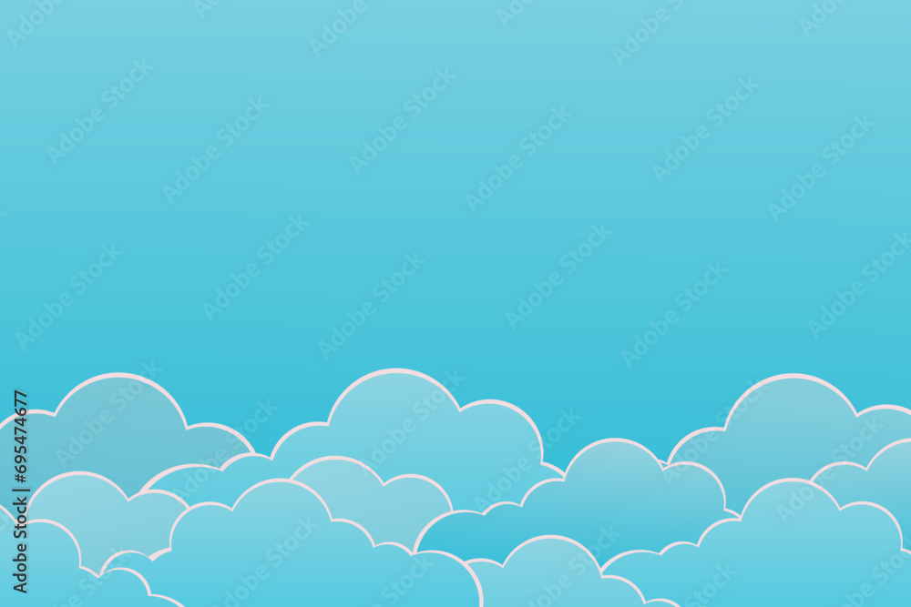 blue background. Horizontal banner with blue sky paper cut clouds for Valentine's day sale header or voucher template with  cloudscape border frame pastel colours 3d vector illustration. 